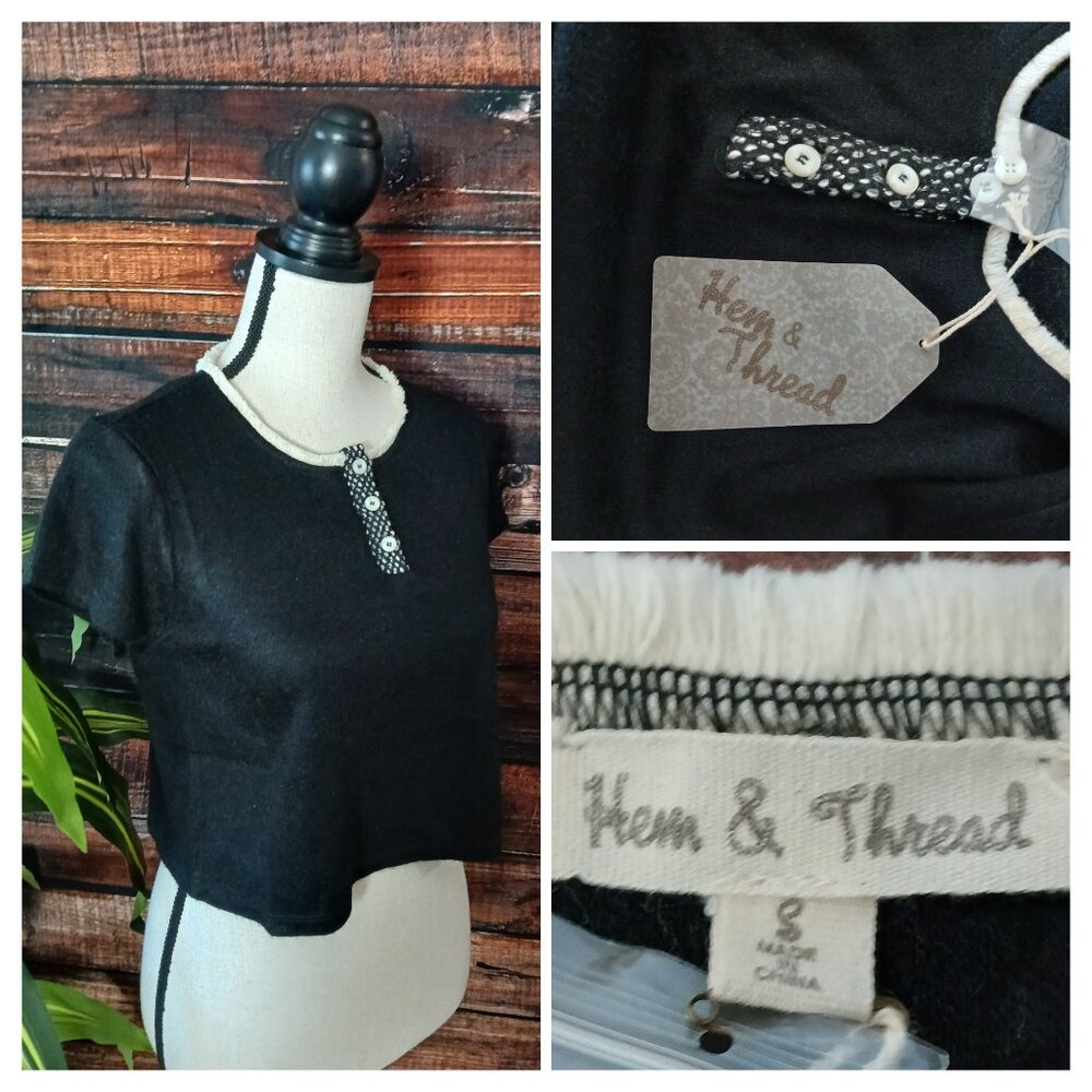 NWT Hem & Thread Crop Top Size S Black Button Fringe Soft Knit
